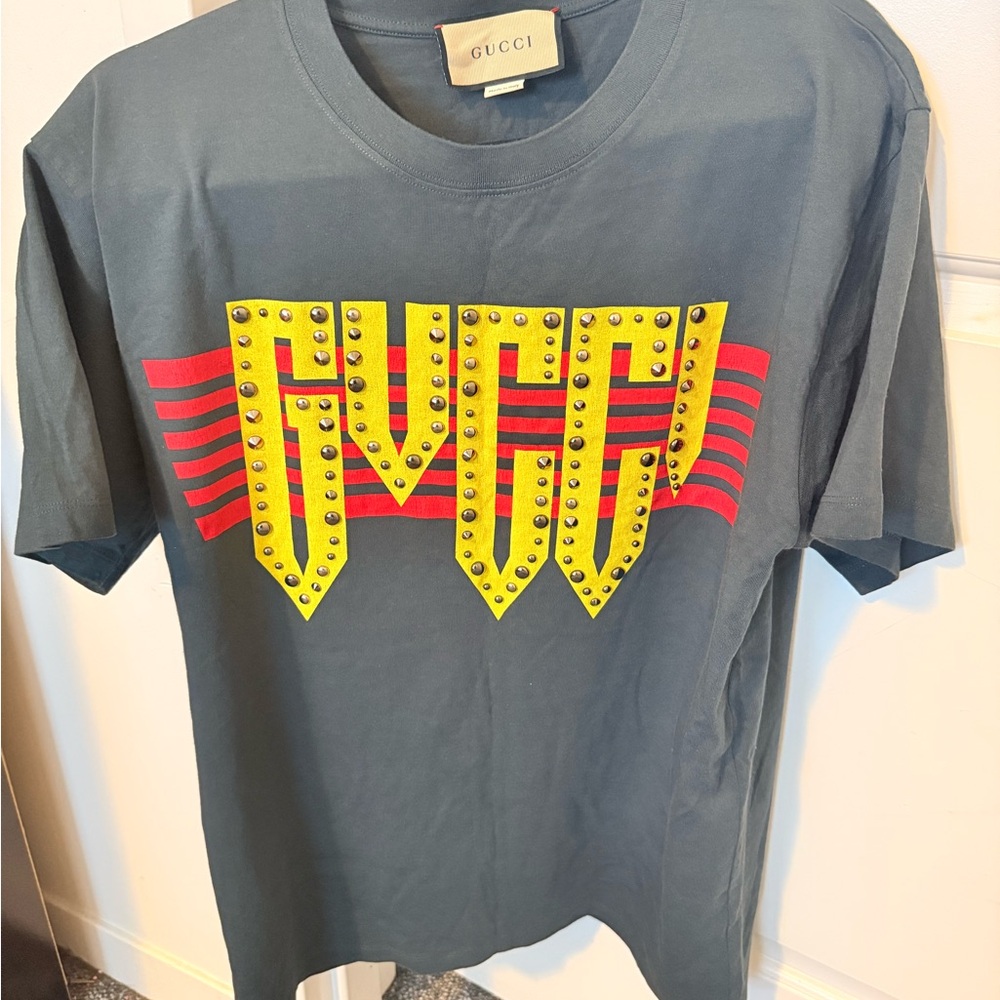 Gucci Dark Grey Tee with Vibrant Yellow and Red Accents with studs.